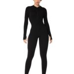 Sunzel Long Sleeve Jumpsuits for Women, Ribbed One Piece Casual Yoga Workout Zip Front Bodysuits, Legging Fit & Thumbhole 28″ Inseam Black Small