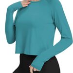 Bestisun Cute Winter Workout Dance Tops Womens Activewear Hiking Gym Yoga Shirts Loose Fit Cropped Sweatshirts Fall Clothing Long Sleeve Thumbhole Shirts Blue Green L