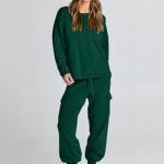 Caracilia Two Piece Lounge Set for Women Long Sleeve Loose Tops and Cargo Jogger Pants 2 Piece Outfits Sweater Sets 2023 Travel Clothes Winter Outfits C115A6-shenlv-XL Dark Green