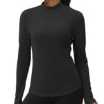 THE GYM PEOPLE Fleece Mock Turtleneck Pullover Base Layer Shirts Long Sleeve Workout Tops with Thumb Hole Black