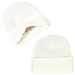 Unisex Satin Lined Winter Beanie for Women Men Silky Lining Slouchy Skull Cap Knitted Cuffed Skiing Knit Hat(Off White & Dark Grey)