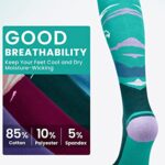 OutdoorMaster Ski Socks, 2-Pair Pack Skiing and Snowboarding Thermal Socks for Women with Over the Calf Design w/Non-Slip Cuff, Mountain Patterns – Forest Green, Large