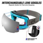 Odoland Magnetic Interchangeable Ski Goggles with 2 Lens, Large Spherical Frameless Snow Goggles for Men & Women, OTG and UV400 Protection, Blue Frame, Mirror Silver and Yellow Lens