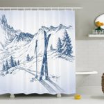 Ambesonne Winter Decorations Shower Curtain, Sketchy Graphic of a Downhill with Ski Elements in Snow Relax Calm View, Fabric Bathroom Decor Set with Hooks, 70 Inches, Blue White