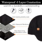 TOP-EX XL/XXL 80% Merino Wool Waterproof Beanie for Men Women Ear Warmers Winter Fleece Lined Beanie Outdoor Skiing Hat Black L/XL