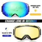 Odoland Magnetic Interchangeable Ski Goggles with 2 Lens, Large Spherical Frameless Snow Goggles for Men & Women, OTG and UV400 Protection, Black Frame, Mirror Green and Yellow Lens