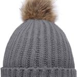 NEOSAN Women’s Winter Ribbed Knit Faux Fur Pompoms Chunky Lined Beanie Hats S Grey