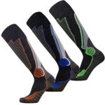 Pure Athlete High Performance Wool Ski Socks – Outdoor Wool Skiing Socks, Snowboard Socks (Black-Grey-Blue/Neon-Green/Orange – 3 Pack, Large)
