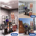 Ski Rack for Garage Freestanding Ski Storage Rack Metal Ski Holders with Storage Shelf Heavy Duty Floor Stand Ski Organizer for Snowboard Ski Poles Ski Boot Goggles Helmet