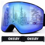 OKELAY Ski Goggles for Men Women Youth, Anti-Fog, OTG Over Glasses, 100% UV400 Protection, Detachable Lens, Anti-Glare Ski Goggles, Suitable for Skiing Snowboarding (Blue)
