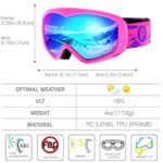 PP PICADOR Ski Snowboard Goggles OTG with Anti-Fog UV400 Protection Lens Snow Goggles for Youth Teenagers Kids Girls Boys(Pink)