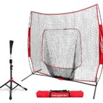 PowerNet Baseball Softball Practice Net 7×7 with Deluxe Tee (Red) | Practice Hitting, Pitching, Batting, Fielding | Portable, Backstop, Training Aid, Large Mouth, Bow Frame | Training Equipment Bundle