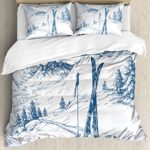 Ambesonne Winter Duvet Cover Set King Size, Sketchy Graphic of a Downhill with Ski Elements in Snow Relax Calm View, Decorative 3 Piece Bedding Set with 2 Pillow Shams, Blue White